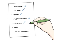 Eine Hand mit Stift, die Punkte auf einer Checkliste abarbeitet.