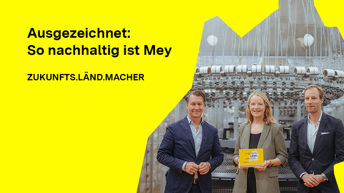Ministerin Thekla Walker (Mitte) hat das Unternehmen am 6. Juni 2025 als ZUKUNFTS.LÄND.MACHER geehrt und überreichte den Geschäftsführern Matthias Mey (links) und Florian Mey die Auszeichnung.