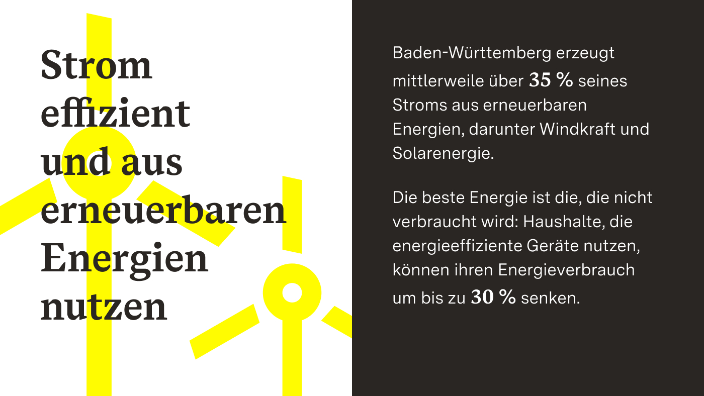 Das Bild zeigt eine Infografik zum Thema Energieeffizienz. Links steht die Überschrift „Strom effizient und aus erneuerbaren Energien nutzen“ vor gelben Windrädern im Hintergrund. Rechts wird erklärt, dass Baden-Württemberg über 35 Prozent seines Stroms aus erneuerbaren Energien erzeugt, darunter Wind- und Sonnenenergie. Außerdem wird darauf hingewiesen, dass die beste Energie die ist, die man gar nicht erst verbraucht und dass energieeffiziente Geräte den Energieverbrauch um bis zu 30 Prozent senken können.